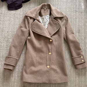 Calvin Klein Taupe Wool-Blend Peacoat with Gold Buttons